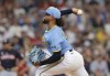 Milwaukee Brewers' starting pitcher Freddy Peralta throws to the Cleveland Guardians during the first inning of a baseball game Saturday, Aug. 17, 2024, in Milwaukee. (AP Photo/Jeffrey Phelps)