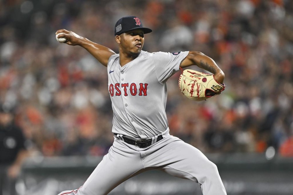 Boston Red Sox pitcher Brayan Bello throws during the first inning of a baseball game against the Baltimore Orioles, Saturday, Aug. 17, 2024, in Baltimore. (AP Photo/Terrance Williams)