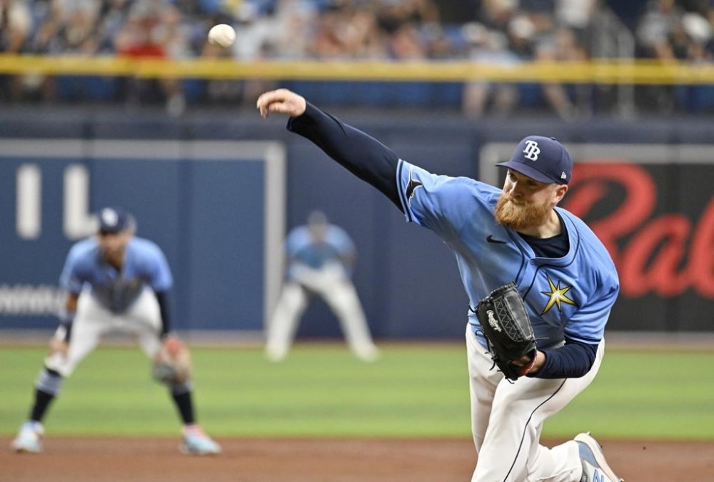 Tampa Bay Rays pitcher Drew Rasmussen throws against the Arizona Diamondbacks during the first inning of a baseball game Sunday, Aug. 18, 2024, in St. Petersburg, Fla. (AP Photo/Jason Behnken)