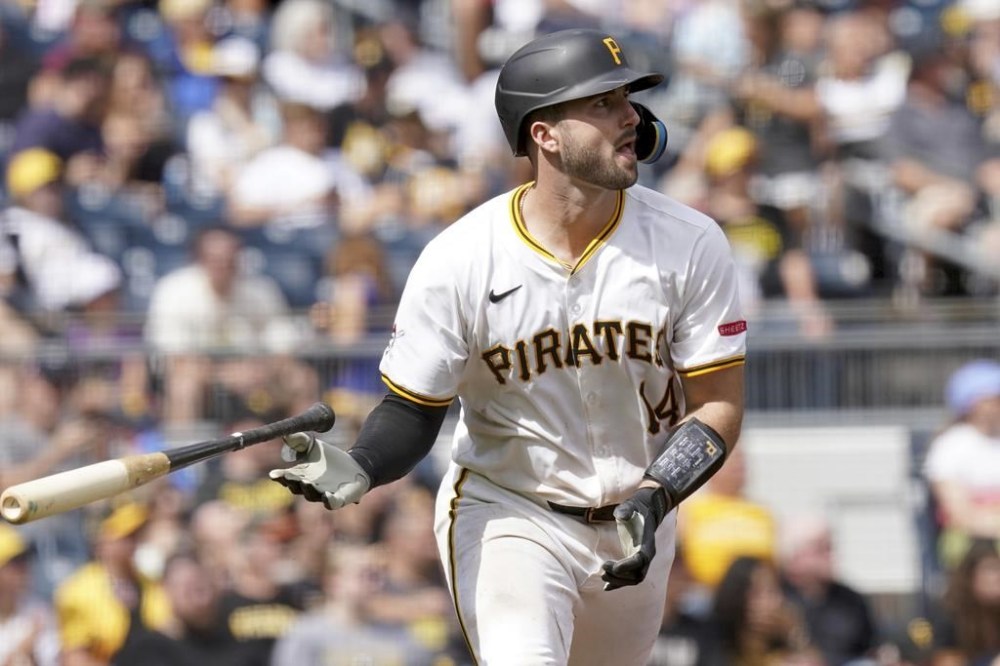 Pittsburgh Pirates' Joey Bart tosses his bat after hitting a home run during the sixth inning of a baseball game against the Seattle Mariners Sunday, Aug. 18, 2024, in Pittsburgh. (AP Photo/Matt Freed)