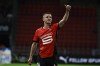 Rennes' Benjamin Bourigeaud gestures during the French League One soccer match between Rennes and Lyon at the Roazhon Park stadium in Rennes, France, Sunday, Aug. 18, 2024. (AP Photo/Jeremias Gonzalez)