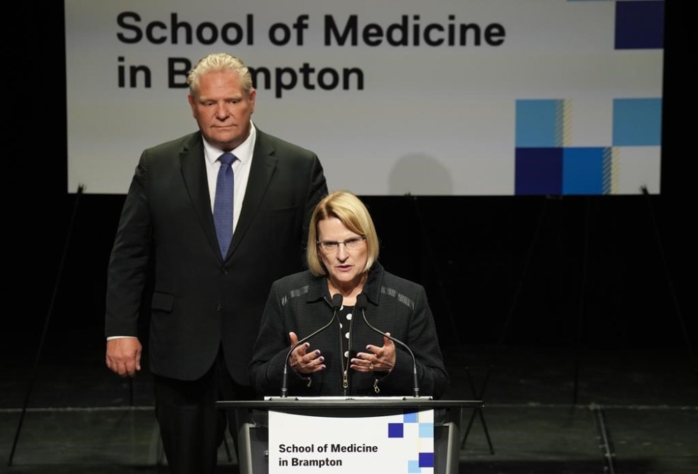 Ontario is set to ban consumption and treatment services sites within 200 metres of schools and child care centres, which will lead to the closure of 10 facilities. Sylvia Jones, front, Ontario Deputy Premier and Minister of Health speaks along side Ontario Premier Doug Ford as they hold a press conference in Brampton., Ont., Friday, Jan. 27, 2023. THE CANADIAN PRESS/Nathan Denette