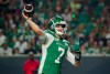 Saskatchewan Roughriders quarterback Trevor Harris (7) throws against the Montreal Alouettes during the second half of CFL football action in Regina, on Friday, August 16, 2024. THE CANADIAN PRESS/Heywood Yu