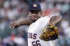 Houston Astros starting pitcher Ronel Blanco throws against the Boston Red Sox during the first inning of a baseball game Tuesday, Aug. 20, 2024, in Houston. (AP Photo/Michael Wyke)