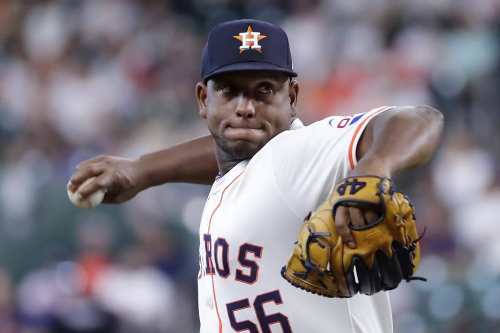Houston Astros starting pitcher Ronel Blanco throws against the Boston Red Sox during the first inning of a baseball game Tuesday, Aug. 20, 2024, in Houston. (AP Photo/Michael Wyke)