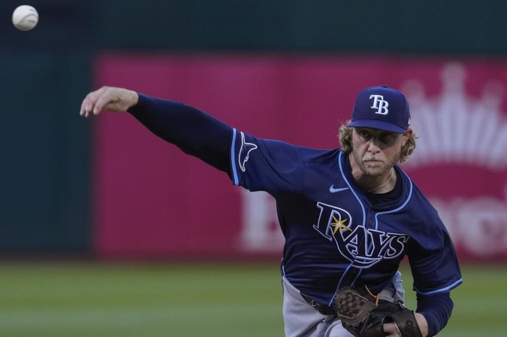 Tampa Bay Rays' Shane Baz pitches to an Oakland Athletics batter during the first inning of a baseball game Tuesday, Aug. 20, 2024, in Oakland, Calif. (AP Photo/Godofredo A. Vásquez)