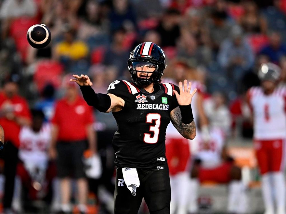 Dru Brown is expected to return Saturday night when the Ottawa Redblacks face the B.C. Lions at TD Place. Brown (3) passes the ball during first half CFL football action against the Calgary Stampeders in Ottawa on Friday, July 26, 2024. THE CANADIAN PRESS/Justin Tang