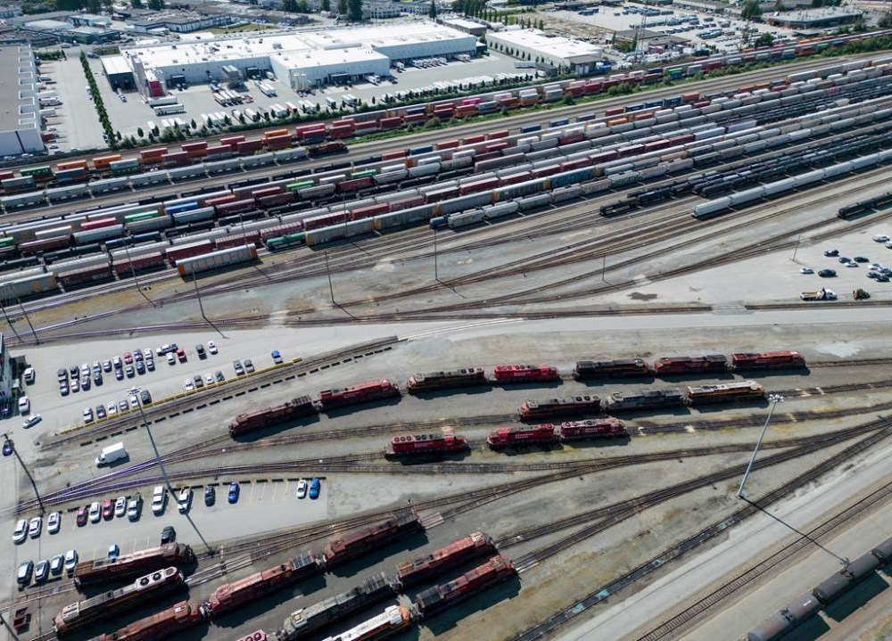 Locomotives sit idle at the Canadian Pacific Kansas City rail yard in Port Coquitlam, B.C., Monday, Aug. 19, 2024. THE CANADIAN PRESS/Darryl Dyck