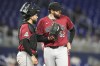 Arizona Diamondbacks catcher Adrian Del Castillo, left, talks with starting pitcher Jordan Montgomery, right, during the fourth inning of a baseball game against the Miami Marlins, Wednesday, Aug. 21, 2024, in Miami. (AP Photo/Lynne Sladky)