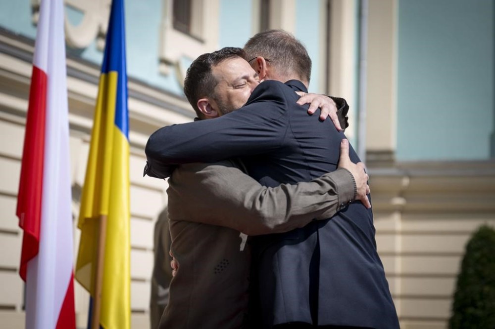 In this photo provided by the Ukrainian Presidential Press Office, Polish President Andrzej Duda, right, is being greeted by Ukrainian President Volodymyr Zelenskyy in Kyiv, Ukraine, Saturday, Aug. 24, 2024. (Ukrainian Presidential Press Office via AP)