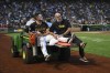 Pittsburgh Pirates pitcher Hunter Stratton, left, is taken from the field after getting injured in the fourth inning of a baseball game against the Cincinnati Reds, Saturday, Aug. 24, 2024, in Pittsburgh. (AP Photo/Barry Reeger)