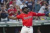 Cleveland Guardians' Jhonkensy Noel celebrates after hitting a three-run home run off Texas Rangers starting pitcher Jon Gray during the third inning of a baseball game in Cleveland, Saturday, Aug. 24, 2024. (AP Photo/Phil Long)