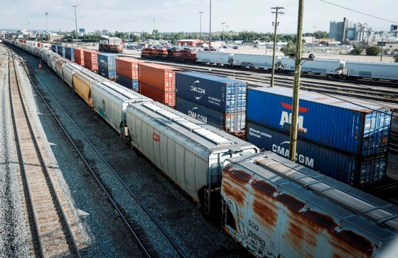 CPKC rail cars sit idle in a railyard in Calgary, Alta., Thursday. (Jeff McIntosh / The Canadian Press files)