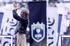 Former Seattle Reign forward Megan Rapinoe acknowledges fans during a ceremony to retire her jersey before an NWSL soccer match against the North Carolina Courage, Sunday, Aug. 25, 2024, in Seattle. (AP Photo/Lindsey Wasson)
