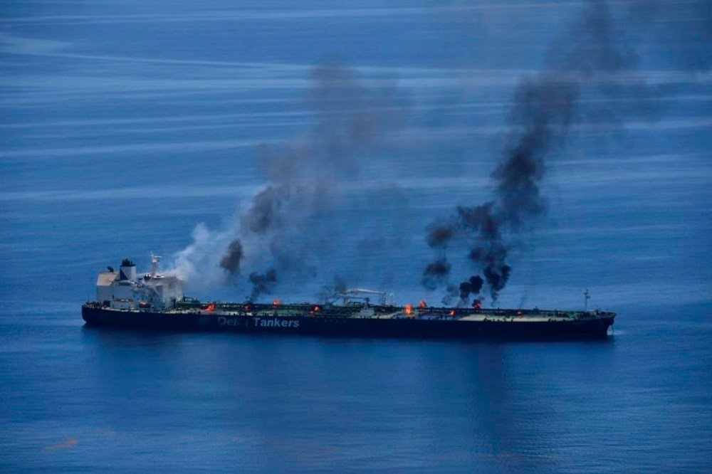 This photo released by the European Union's Operation Aspides shows fires burning aboard the oil tanker Sounion in the Red Sea on Sunday, Aug. 25, 2024. The EU mission said Monday that there were no signs of an oil spill emanating from the Sounion, which came under repeated attack by Yemen's Houthi rebels amid their campaign targeting shipping over the Israel-Hamas war in the Gaza Strip. (European Union's Operation Aspides via AP)