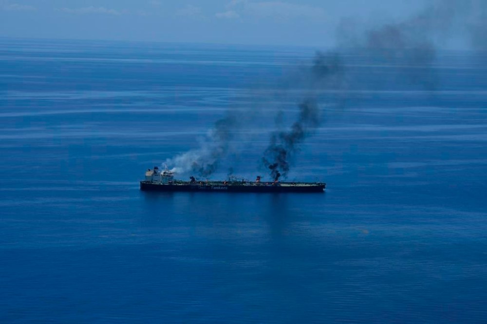 This photo released by the European Union's Operation Aspides shows fires burning aboard the oil tanker Sounion in the Red Sea on Sunday, Aug. 25, 2024. The EU mission said Monday that there were no signs of an oil spill emanating from the Sounion, which came under repeated attack by Yemen's Houthi rebels amid their campaign targeting shipping over the Israel-Hamas war in the Gaza Strip. (European Union's Operation Aspides via AP)