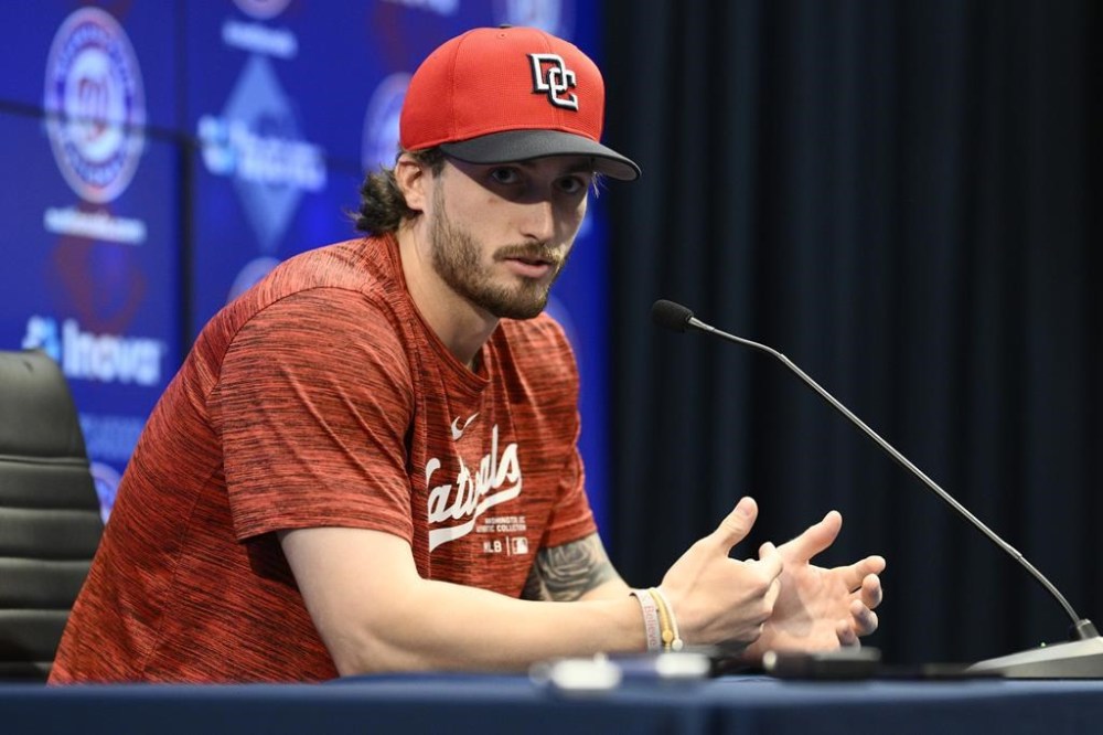 Washington Nationals' Dylan Crews talks to the media during a news conference before a baseball game between the Nationals and the New York Yankees, Monday, Aug. 26, 2024, in Washington. (AP Photo/Nick Wass)
