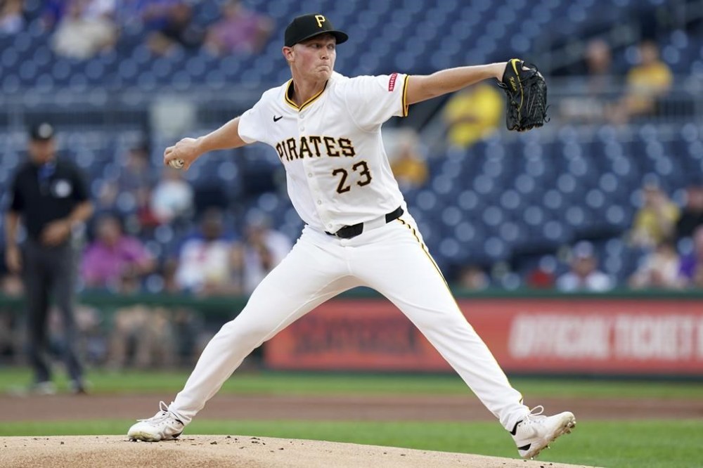 Pittsburgh Pirates starting pitcher Mitch Keller delivers during the first inning of a baseball game against the Chicago Cubs, Monday, Aug. 26, 2024, in Pittsburgh. (AP Photo/Matt Freed)