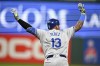 Kansas City Royals' Salvador Perez celebrates hitting a grand slam during the sixth inning of the second game of a baseball doubleheader against the Cleveland Guardians, Monday, Aug. 26, 2024, in Cleveland. (AP Photo/Nick Cammett)