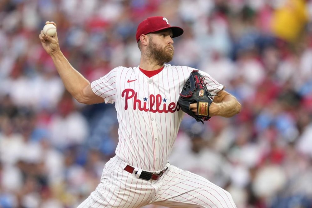 Philadelphia Phillies' Zack Wheeler pitches during the second inning of a baseball game against the Houston Astros, Monday, Aug. 26, 2024, in Philadelphia. (AP Photo/Matt Slocum)