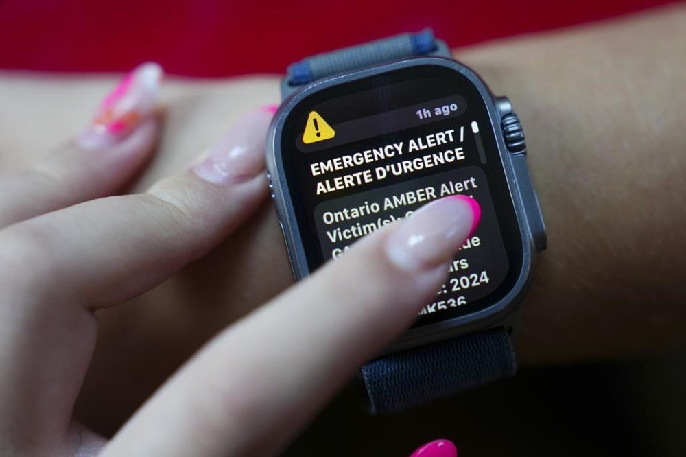 An emergency Amber Alert is viewed on the display of an Apple watch in Ottawa, Tuesday, Aug. 27, 2024. THE CANADIAN PRESS/Sean Kilpatrick