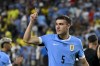 FILE - Uruguay's Manuel Ugarte celebrates after defeating Brazil in a penalty shootout during a Copa America quarterfinal soccer match in Las Vegas, July 6, 2024.(AP Photo/David Becker, File)