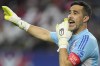 FILE - Chile's goalkeeper Claudio Bravo yells during a Copa America Group A soccer match against Peru in Arlington, Texas, June 21, 2024. (AP Photo/Tony Gutierrez, File)