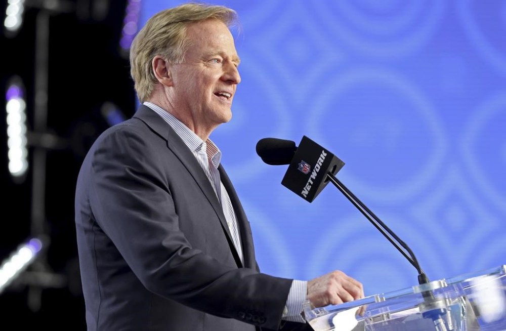 FILE - NFL Commissioner Roger Goodell announces a pick during the first round of the 2022 NFL Draft, April 28, 2022, in Las Vegas. (AP Photo/Gregory Payan, File)