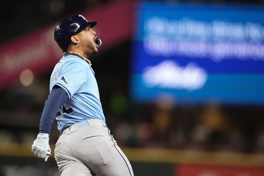Tampa Bay Rays' Jose Siri reacts to hitting a two-run home run against the Seattle Mariners during the seventh inning of a baseball game, Tuesday, Aug. 27, 2024, in Seattle. (AP Photo/Lindsey Wasson)