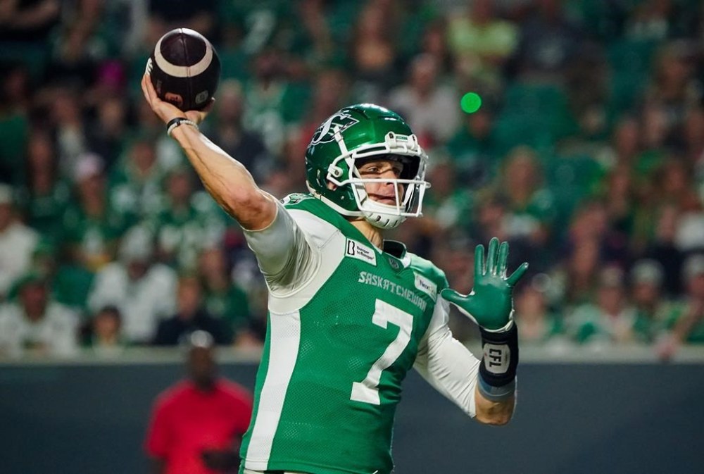 Saskatchewan Roughriders quarterback Trevor Harris (7) throws against the Montreal Alouettes during the second half of CFL football action in Regina, on Friday, August 16, 2024. Saskatchewan Roughriders quarterback Trevor Harris and cornerback Tyrell Ford of the Winnipeg Blue Bombers were named the top offensive and defensive players Wednesday in the CFL's monthly honour roll. THE CANADIAN PRESS/Heywood Yu