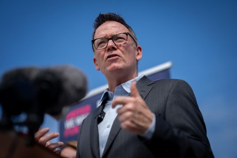 BC United Leader Kevin Falcon speaks during a news conference in Surrey, B.C. on June 26, 2024. THE CANADIAN PRESS/Ethan Cairns