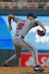 Atlanta Braves starting pitcher Chris Sale throws to the Minnesota Twins in the first inning of a baseball game Wednesday, Aug. 28, 2024, in Minneapolis. (AP Photo/Bruce Kluckhohn)