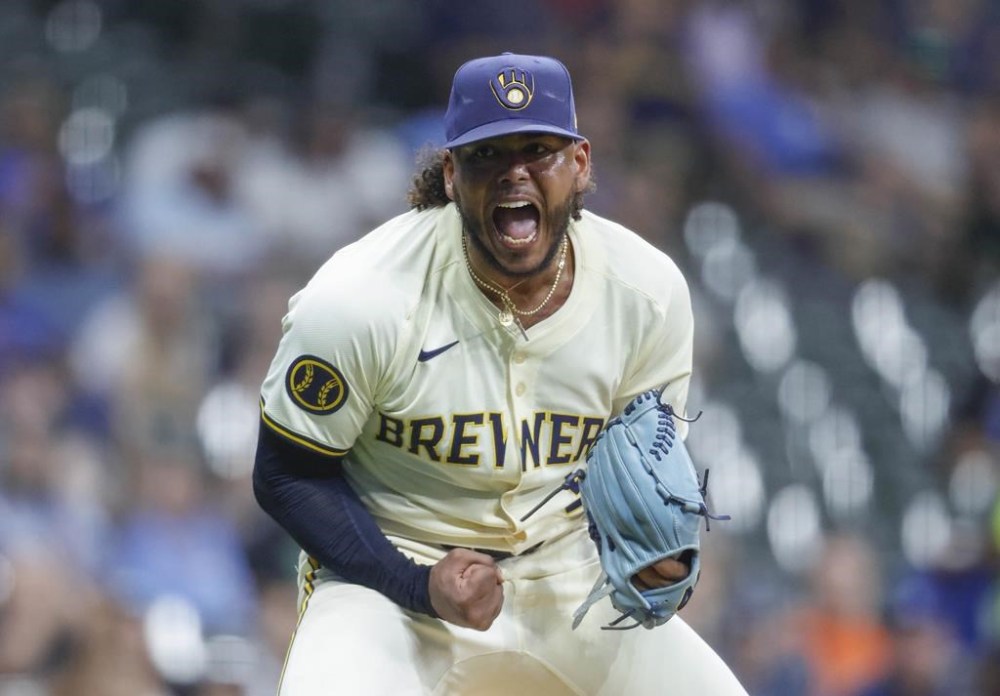 Milwaukee Brewers starting pitcher Willy Peralta reacts after striking out a San Francisco Giants batter to end the sixth inning of a baseball game Wednesday, Aug. 28, 2024, in Milwaukee. (AP Photo/Jeffrey Phelps)