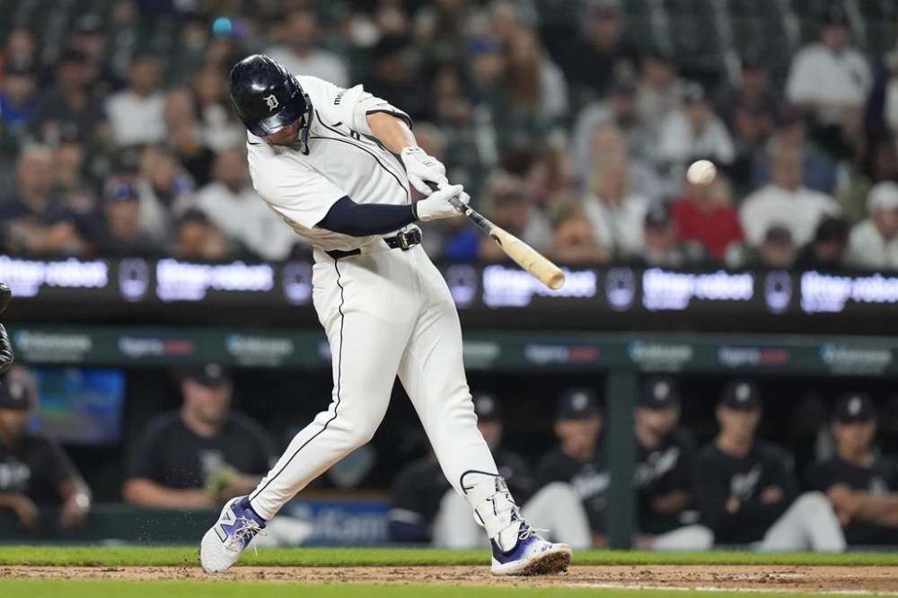 Detroit Tigers' Spencer Torkelson connects for a two-run home run during the second inning of a baseball game against the Los Angeles Angels, Wednesday, Aug. 28, 2024, in Detroit. (AP Photo/Carlos Osorio)