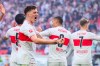 FILE - Stuttgart's Angelo Stiller, front, celebrates after scoring his side's second goal during the Bundesliga soccer match between VfB Stuttgart and 1. FC Heidenheim in Stuttgart, Germany, on March 31, 2024. (Tom Weller/dpa via AP, File)
