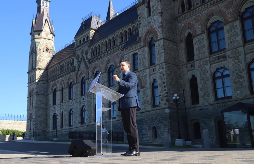Conservative Party Leader Pierre Poilievre speaks at a press conference on Parliament Hill in Ottawa on Thursday, Aug. 29, 2024. THE CANADIAN PRESS/ Patrick Doyle
