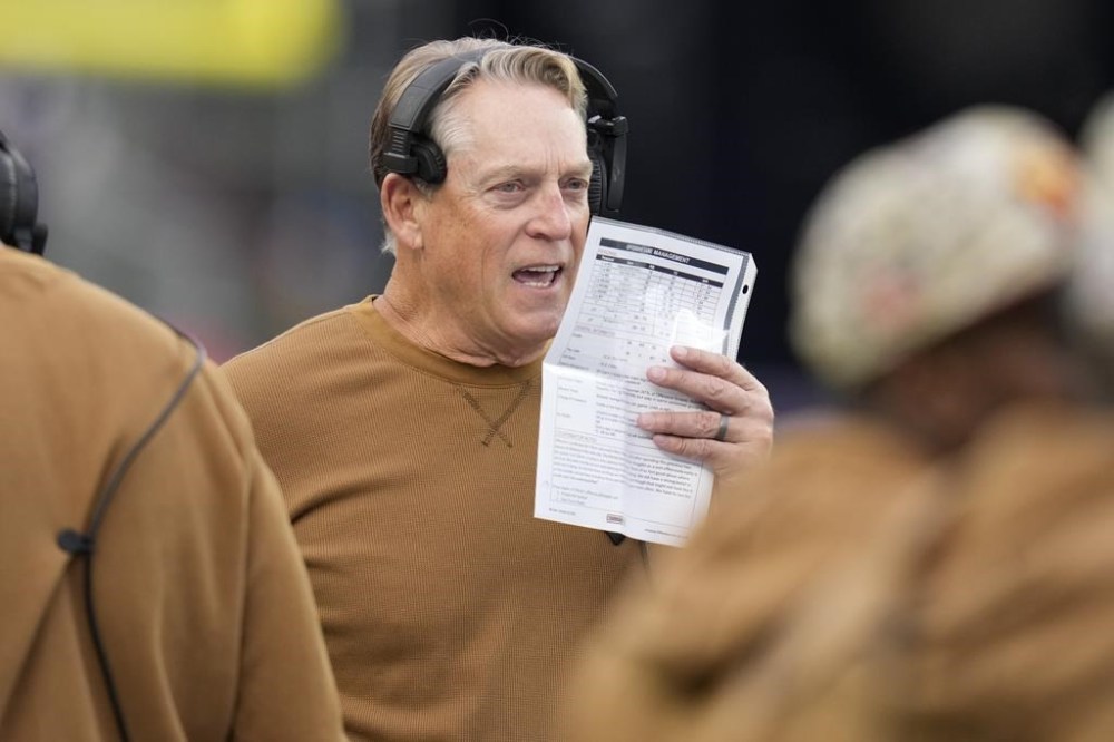 FILE - Former Washington Commanders defensive coordinator Jack Del Rio during an NFL football game, Nov. 5, 2023, in Foxborough, Mass. (AP Photo/Charles Krupa, File)