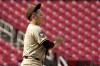 San Diego Padres relief pitcher Yuki Matsui pauses after giving up a solo home run to St. Louis Cardinals' Masyn Winn during the sixth inning of a baseball game Thursday, Aug. 29, 2024, in St. Louis. (AP Photo/Jeff Roberson)