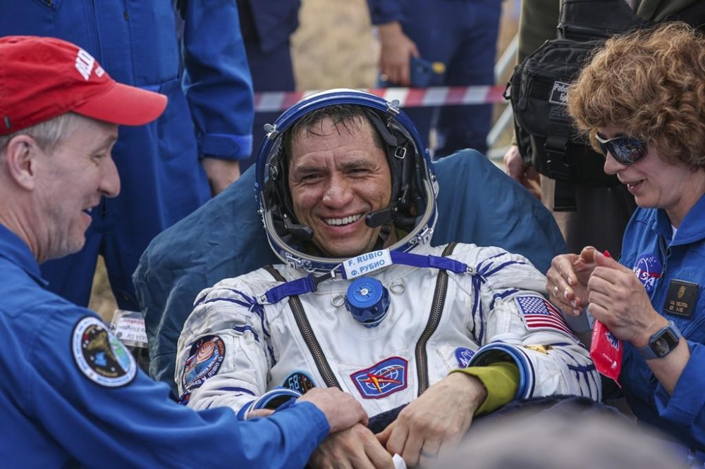 FILE - In this photo released by Roscosmos State Corporation, NASA astronaut Frank Rubio sits in a chair shortly after the landing of the Russian Soyuz MS-23 space capsule about 150 km (90 miles) south-east of the Kazakh town of Zhezkazgan, Kazakhstan, Sept. 27, 2023. (Ivan Timoshenko/Roscosmos Space Corporation via AP, File)