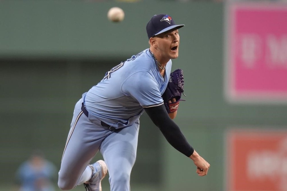Toronto Blue Jays' Bowden Francis delivers a pitch to a Boston Red Sox batter in the first inning of a baseball game Thursday, Aug. 29, 2024, in Boston. (AP Photo/Steven Senne)