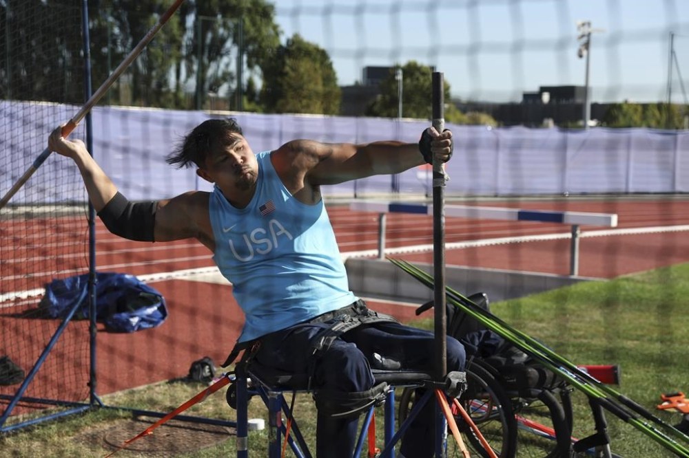 Justin Phongsavanh of the U.S. throws his javelin at the U.S. High Performance Center during the Paralympic Games in Paris on Wednesday, Aug. 28, 2024. (AP Photo/Avni Trivedi)