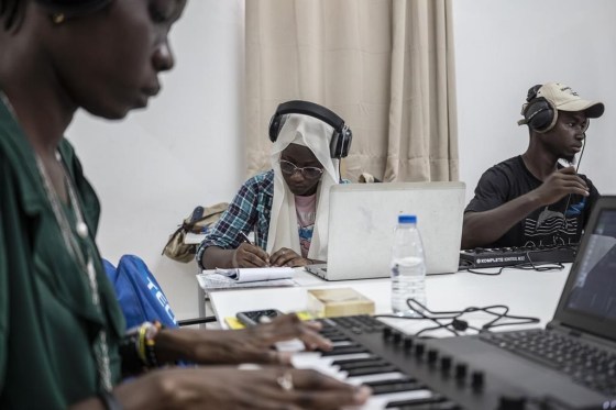 Students compose music at a beat making class for women in Dakar, Senegal, in August. (Annika Hammerschlag / The Associated Press files)