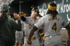 Oakland Athletics' Brent Rooker, center, and Lawrence Butler (4) celebrate after Rooker's solo home run against the Texas Rangers in the seventh inning of a baseball game, Friday, Aug. 30, 2024, in Arlington, Texas. (AP Photo/Tony Gutierrez)