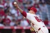 Los Angeles Angels starting pitcher Samuel Aldegheri throws to the plate during the first inning of a baseball game against the Seattle Mariners, Friday, Aug. 30, 2024, in Anaheim, Calif. (AP Photo/Mark J. Terrill)