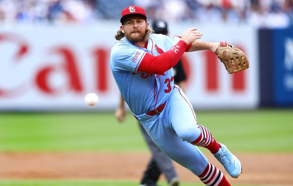 St. Louis Cardinals outfielder Brendan Donovan throws out New York Yankees Anthony Volpe at first base during the fourth inning of a baseball game, Saturday, Aug. 31, 2024, in New York. (AP Photo/Noah K. Murray)