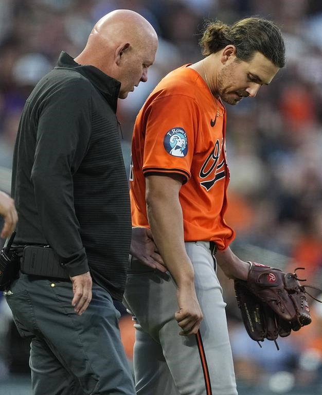 A trainer checks Baltimore Orioles starting pitcher Dean Kremer after he was hit by a ground ball off the bat of Colorado Rockies' Jordan Beck in the fourth inning of a baseball game Saturday, Aug. 31, 2024, in Denver. (AP Photo/David Zalubowski)