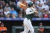 Colorado Rockies' Drew Romo follows the flight of his double to drive in two runs off Baltimore Orioles starting pitcher Dean Kremer in the second inning of a baseball game Saturday, Aug. 31, 2024, in Denver. (AP Photo/David Zalubowski)