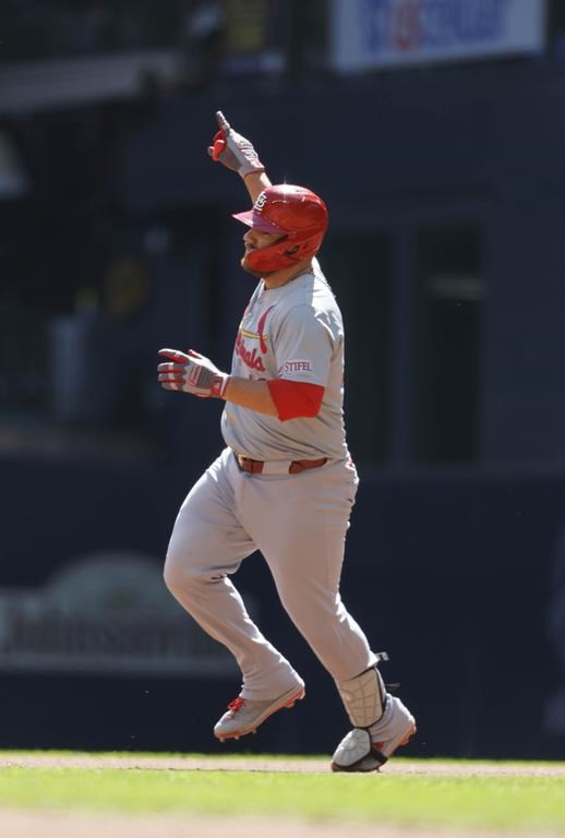 St. Louis Cardinals' Pedro Pagés (43) reacts as he rounds the bases after hitting a home run against the Milwaukee Brewers during the third inning of a baseball game, Monday, Sept. 2, 2024, in Milwaukee. (AP Photo/Jeffrey Phelps)