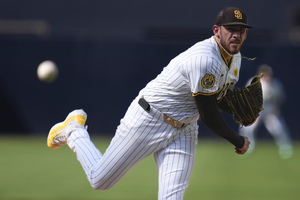 San Diego Padres starting pitcher Joe Musgrove works against a Detroit Tigers batter during the first inning of a baseball game Monday, Sept. 2, 2024, in San Diego. (AP Photo/Gregory Bull)