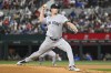 New York Yankees starting pitcher Gerrit Cole throws to the Texas Rangers in the first inning of a baseball game, Monday, Sept. 2, 2024, in Arlington, Texas. (AP Photo/Albert Pena)